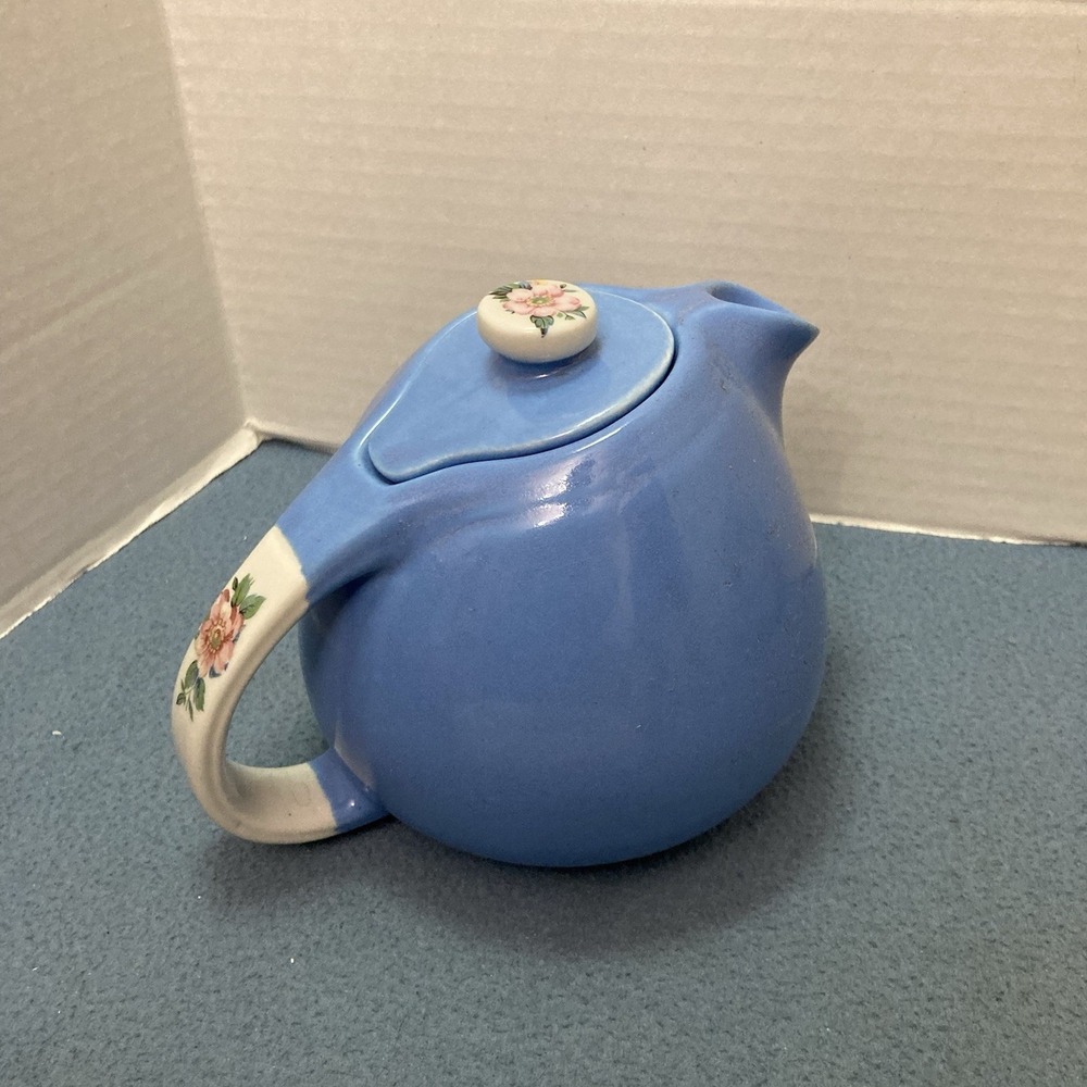 Vintage Hall's Blue Rose Parade Teapot with Floral Details circa 1940-45 USA
